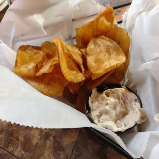 Homemade chips with onion dip