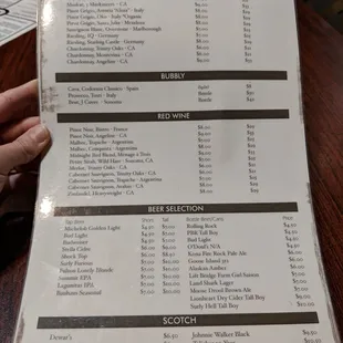 Beer and liquor menu