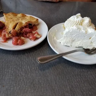 Famous pies, strawberry-rhubarb and banana cream. YUM!