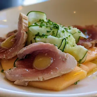 Smoked NC Tuna. $13. Local melon and cucumber, lemon, Georgia olive oil, crunchy salt.