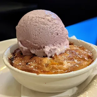 Summer Peach Cobbler. $8. Blackberry ice cream.