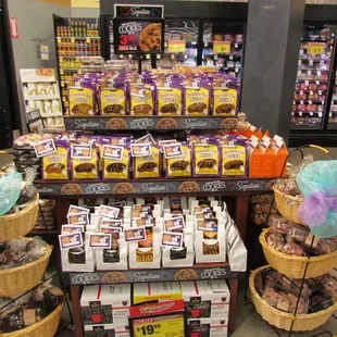 a display of cookies and chocolates