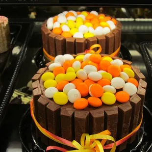 a variety of cakes on display