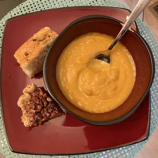 Pumpkin soup, focaccia and pecan pie