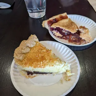 Coconut custard and blackberry peach pies