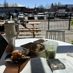 orange muffin, chocolate croissant, matcha latte  on nicer weather days, they open the garage doors