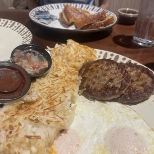 eggs, hash browns, and hash browns