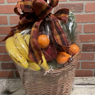 Fruit and goodie baskets.