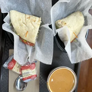 Pita with turkey and beer cheese soup