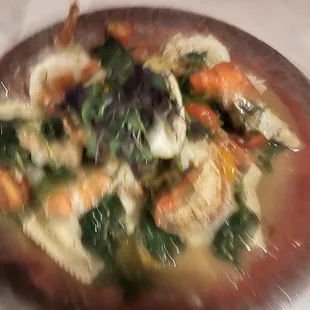 Blurry...but asparagus ravioli with fresh scampi