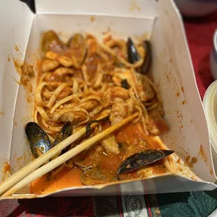 We asked for seafood pasta with red sauce.  Yes - we served with chopsticks.