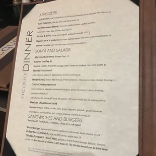 Dinner menu