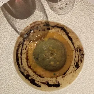 Swiss chard and mushroom raviolo with brown butter, Parmesan and Balsamic vinegar