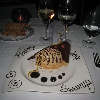 Bourbon-caramel semifreddo, Amaretti crust, chocolate, and caramel sauce