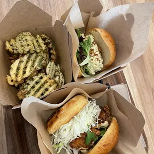 Top: Aonori Potato Fries /GF&amp;Vegan &amp; Japanese Egg Sandwich Bottom: Chicken Karaage Sandwich