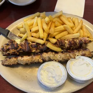 Souvlaki Chicken Platter, overcooked