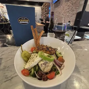 Greeks salad added blackened salmon