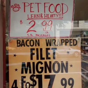 Dog food and bacon wrapped filet mignon.