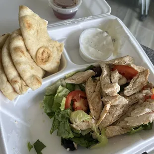 Greek salad, pita, and taziki