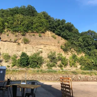 Outdoor space at brewery looking over road.