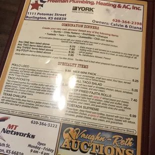 a menu for a restaurant
