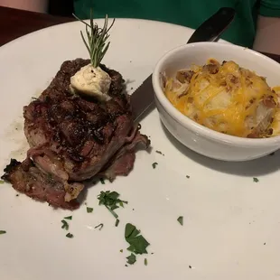 Bacon wrapped filet with loaded garlic mashed potatoes.