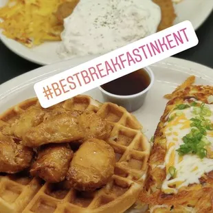 chi ickes and waffles with stuffed hash browns, chicken fried steak