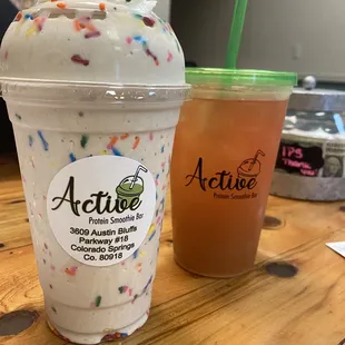 "Wedding Cake" protein shake (perhaps "Birthday Cake" would be more fitting ) and "Gummy Bear" Tea.  Both delicious!