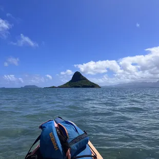 View between beach and China Man Hat on kayak