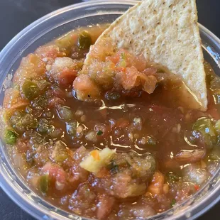 "Hot" salsa; not hot but good; tastes like escabeche.