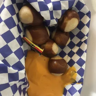 Soft Pretzel bites w/ sort of a nacho cheese to dip.