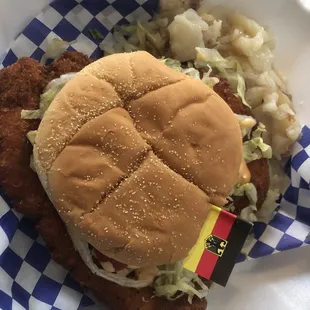 Pork Schnitzel sandwich w/German potato salad. Very good!