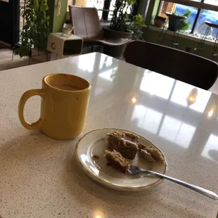Banana bread with Pecan frosting and a Dirty Chai Latte