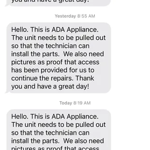 Note: ADA sent this text. 2 weeks later a different repair company slides the oven out 6&quot; with one-hand on the 1st try!