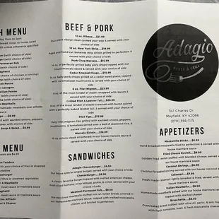 Adagio To-Go Menu (front and back).