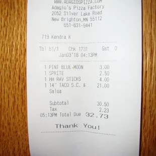 Final tab - 2 drinks, 1 app, 1 pizza.