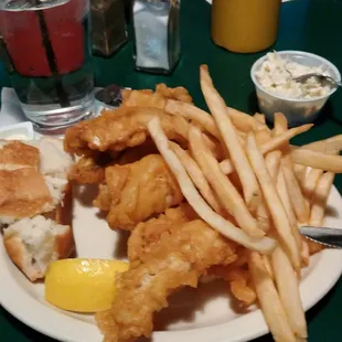 Small perch dinner, fries, dinner roll and coleslaw.
