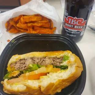 Burger, sweet potatoe fries and IBC Root beer