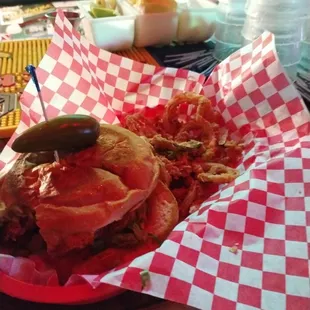 Adairs cheeseburger with onion rings