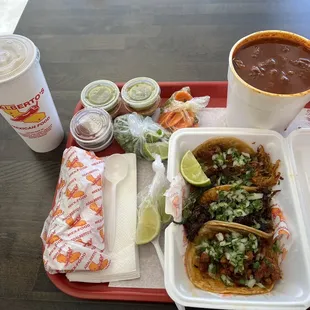 Menudo, mini tacos (cabeza, adobada, carnitas), horchata