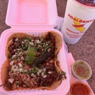 This was less than $10 on taco Tuesday. Carne asada, adobada, cabeza, carnitas. Jamaica drink.  Great deal, taste&apos;s great. Recommend