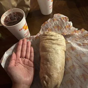 Burrito next to my hand for size reference
