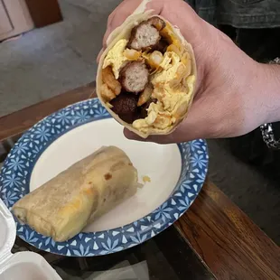 Peek-A-Boo! The sausage, potato, egg &amp; cheese Breakfast Burrito was different. Fries instead of potato chunks &amp; full sausages. Still good.