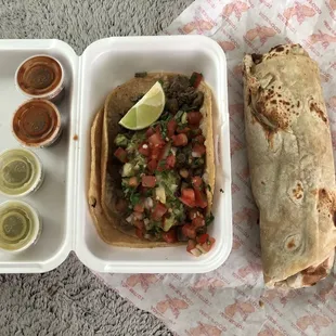 Carne asada tacos and a bean &amp; cheese burrito