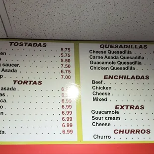 Tostadas, tortas, quesadillas, enchiladas and churros menu