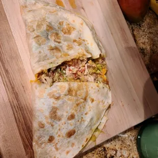 Chicken quesadillab that I had to unfold and cut an additional few times. Delicious, but a train wreck to eat.