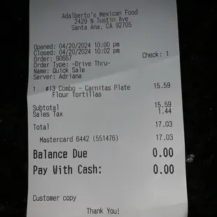 Receipt for #13 combo plate.