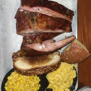 Ribs, Mac and cheese, cornbread, corn