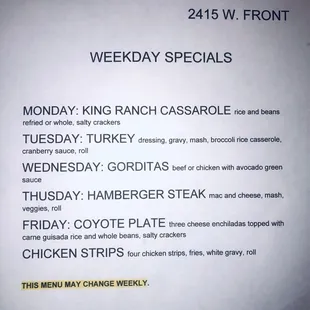Weekday special menu...