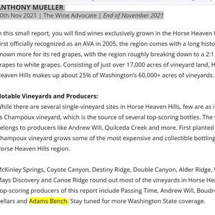 Wine Advocate review of Horse Heaven Hills AVA and top producers